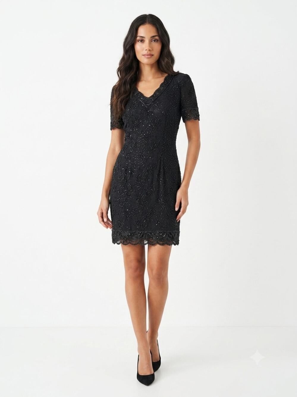 VTG Stenay Mini Cocktail Dress Womens Black Beaded Sequined Silk Short Sleeve